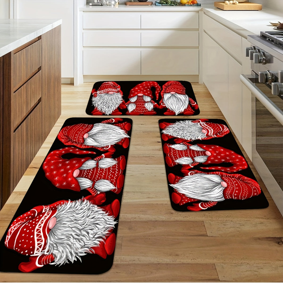 Get into the holiday spirit with this festive Christmas faceless gnome kitchen runner rug! This non-slip rug is stain resistant, waterproof, and perfect for adding a touch of Christmas cheer to your home. Whether you place it in your living room