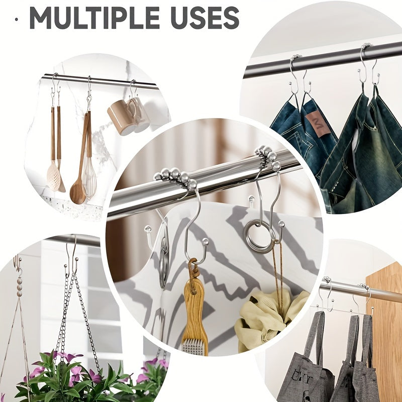 Set of 6 stainless steel shower hooks with double glide design for easy opening and closing, compatible with most rods and liners.