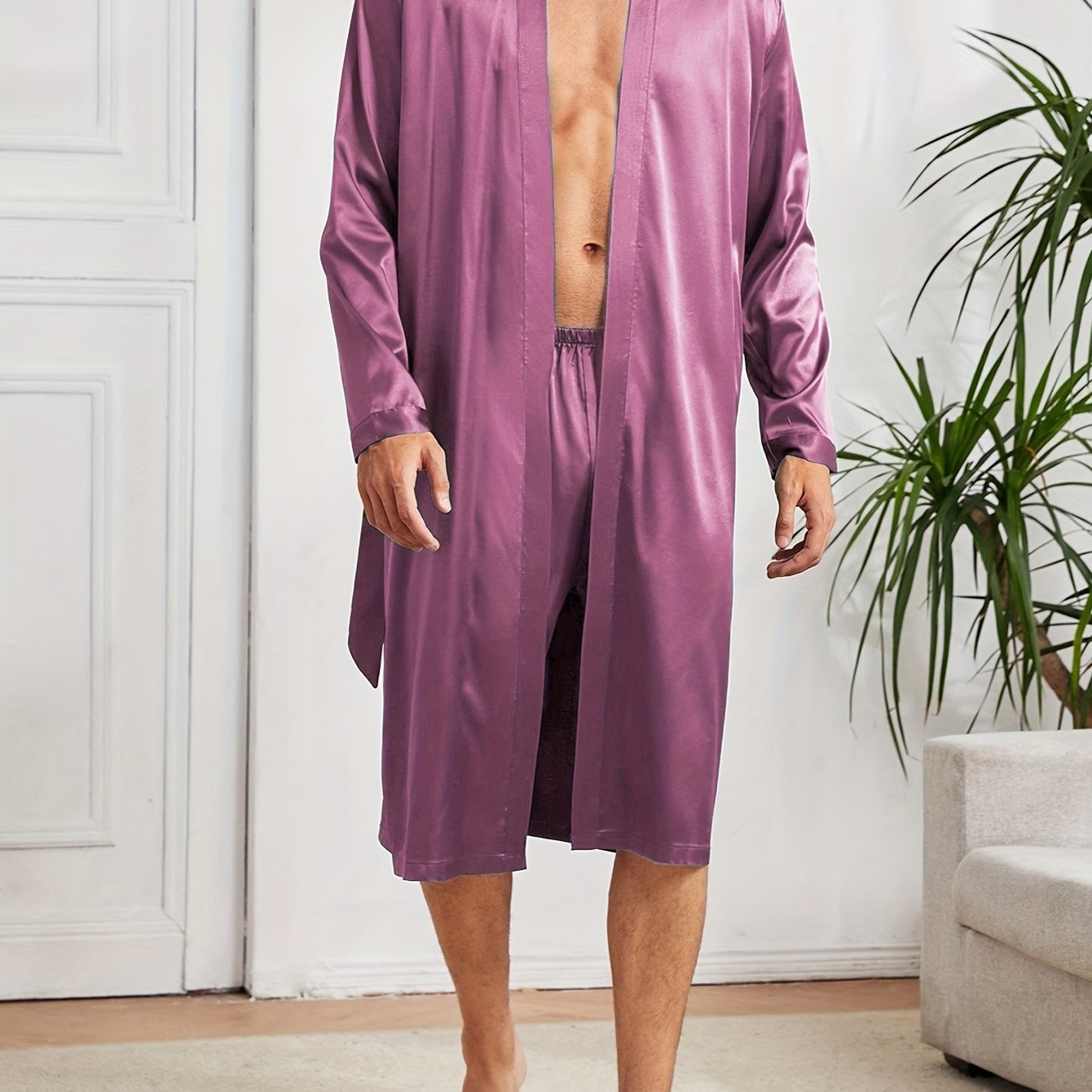 Men's simple style casual pajama sets, comfy solid robe, lace-up robe, and loose shorts home pajama sets.