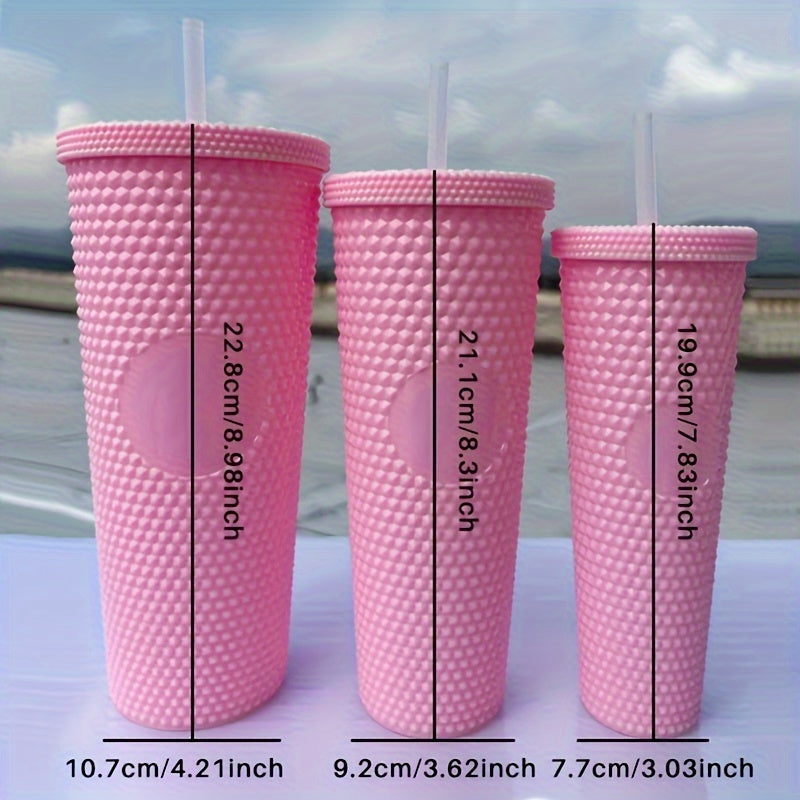 3 Durian Texture Reusable Water Bottles with Straw - Double Layer Plastic, BPA-Free, Pastel Pink & Blue, 450ml/700ml/1100ml for Travel, Fitness, Camping, and Daily Use