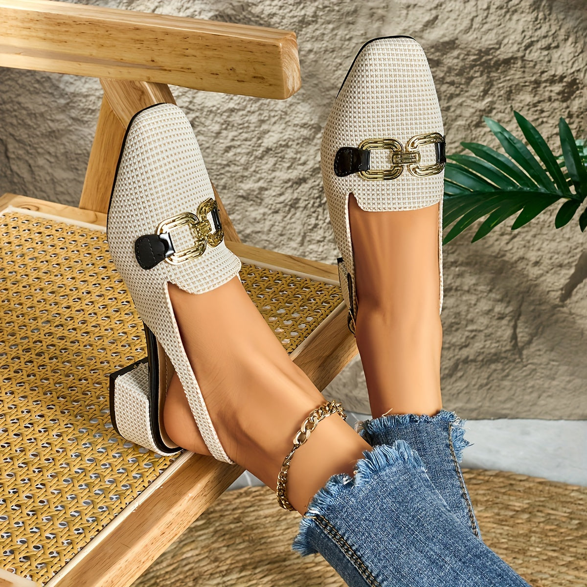 Stylish French-inspired Mary Jane pumps with square toe, chunky heel, buckle detail, and faux cover for all seasons.