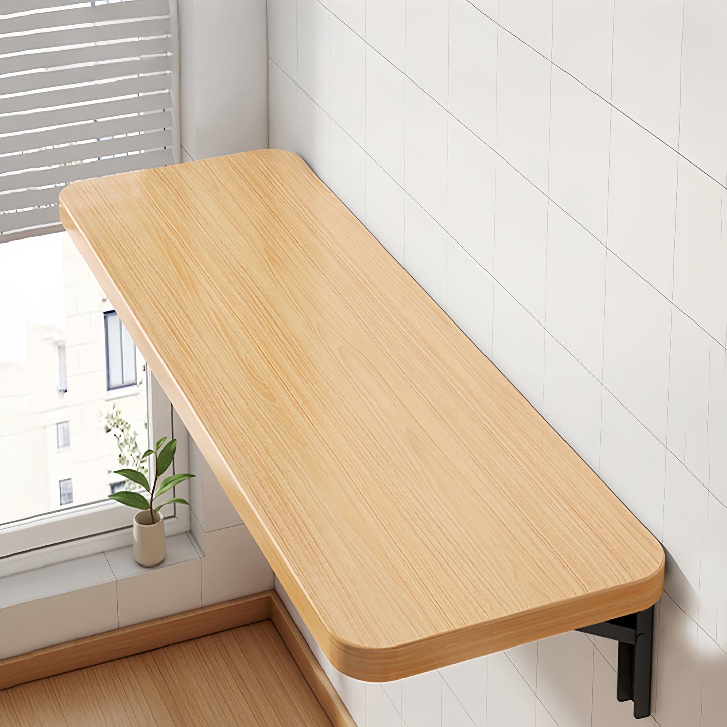 White wooden wall-mounted folding desk with adjustable computer monitor and laptop stand made of cork material, perfect for home and office organization in kitchens and dorms.