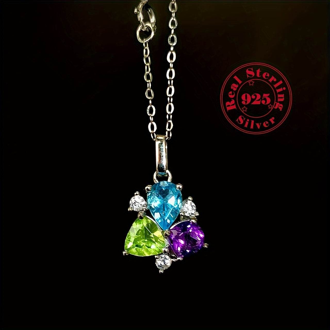 Handcrafted Tri-Color Gemstone Necklace featuring Topaz, Peridot, and Amethyst - 925 Sterling Silver, Birthstone Jewelry for November, No Plating, Ideal for Valentine's Day Gifts and Special Occasions, Suitable for All Seasons.