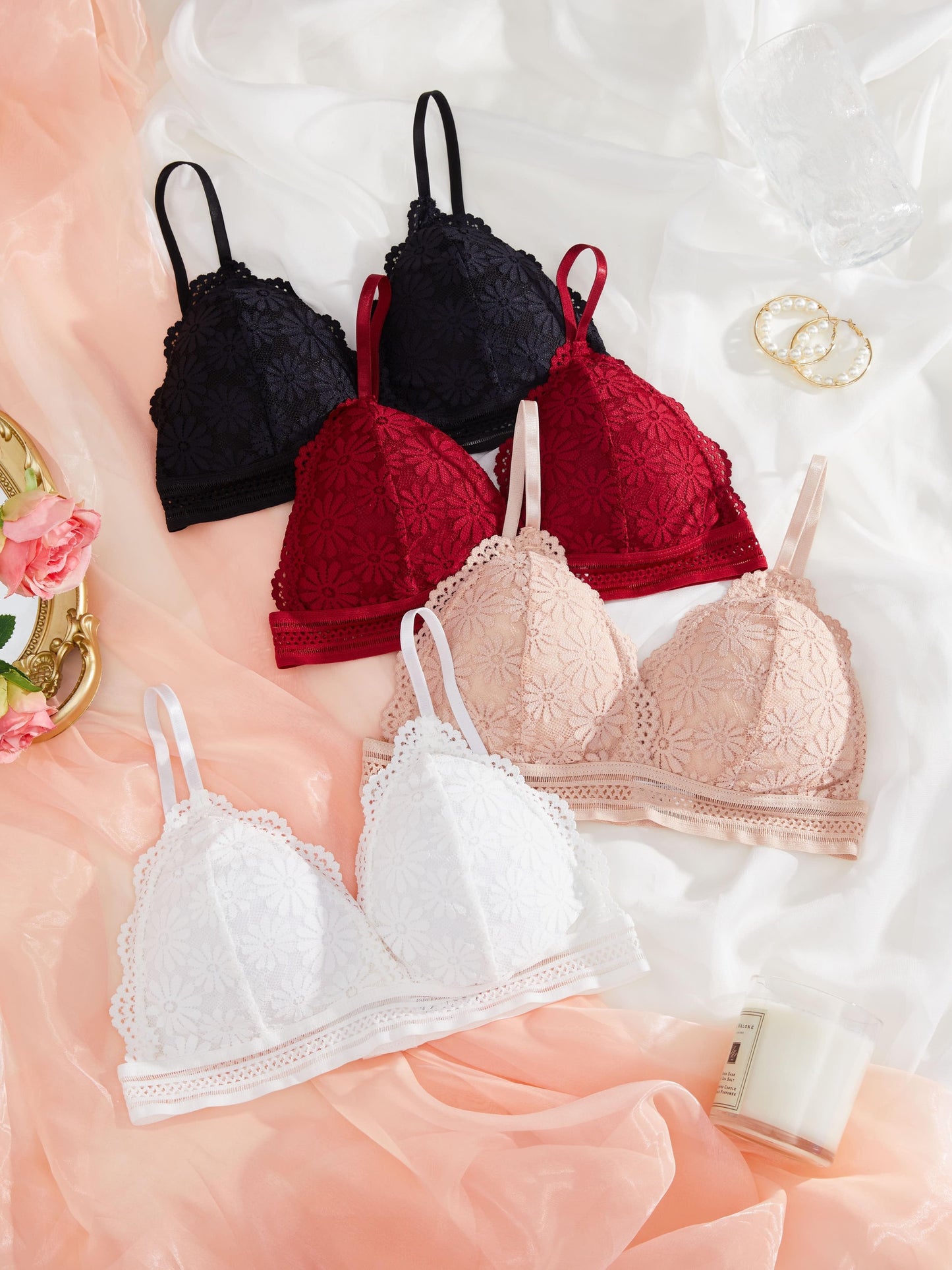 4 wireless bras with contrast lace, scalloped trim, and comfortable design for women's lingerie and underwear.