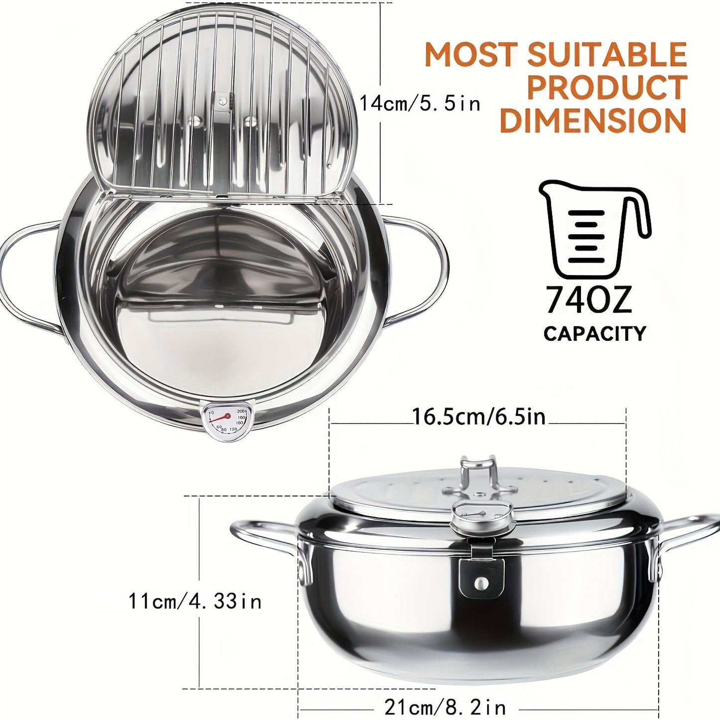 Японская фритюрница темпура с контролем температуры и термометром на крышке, изготовленная из нержавеющей стали. Эта фритюрница объемом 74,39 унции совместима с индукционными плитами, легко чистится и помогает экономить масло при глубоком жарении.