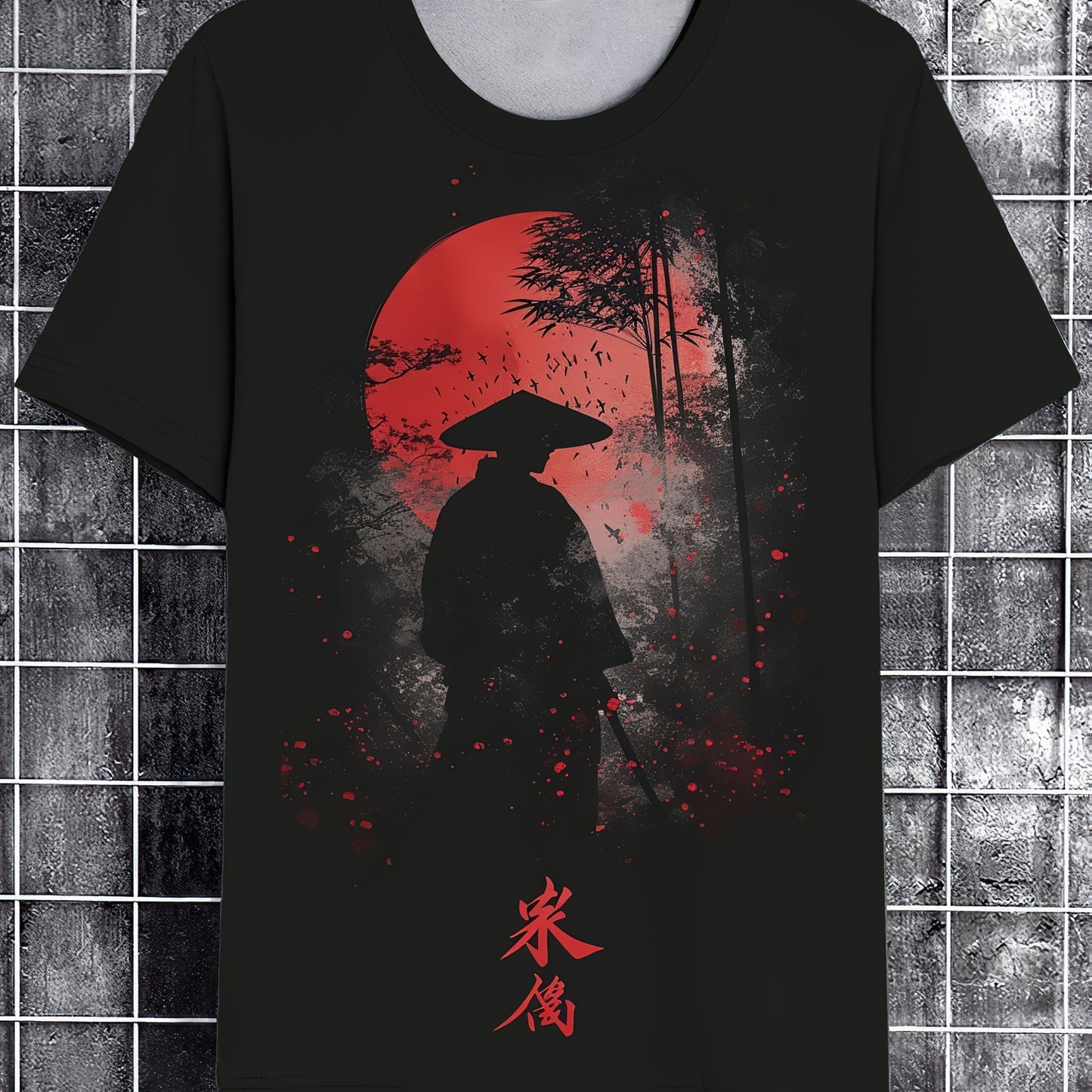 Men's Samurai ink painting pattern T-shirt, short-sleeve tee for summer streetwear.