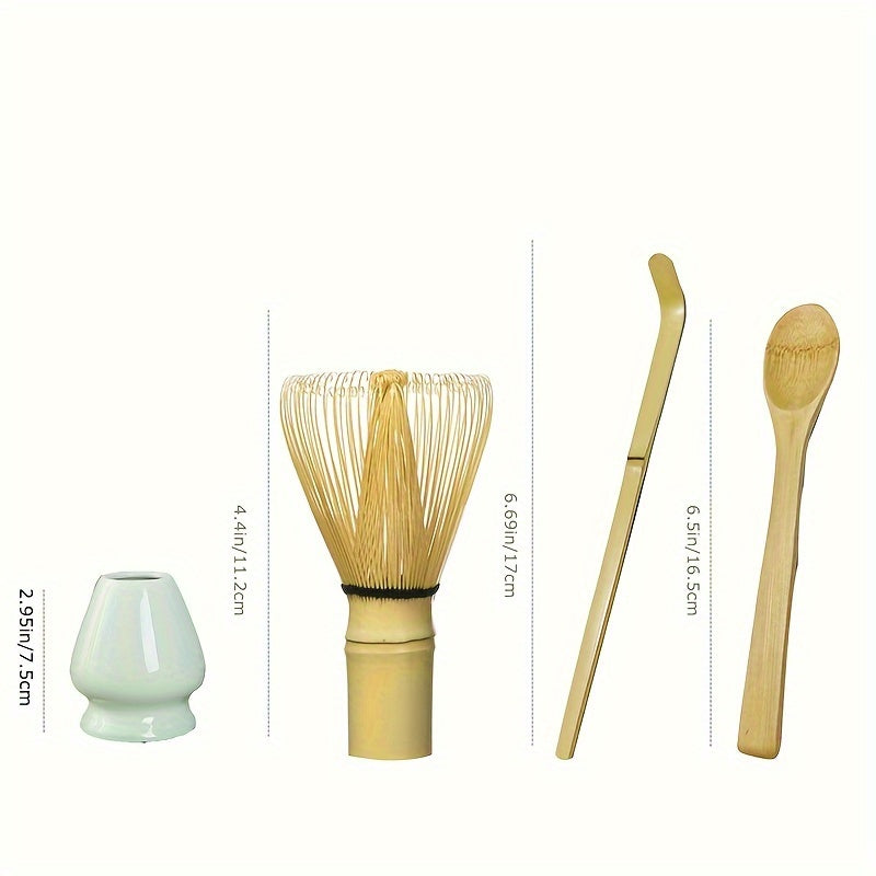 Set of 4 pieces including 2 Japanese Matcha Ceremony accessories: a Matcha Whisk (Chasen), Traditional Scoop (Chashaku), Tea Spoon, and a Blue Celadon/Black Whisk Holder. This set is perfect for preparing a traditional cup of Matcha and includes Matcha