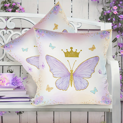 Chic pink and purple butterfly pillow cover made of soft peach skin polyester with zip closure, ideal for living room, bedroom, and party decor.