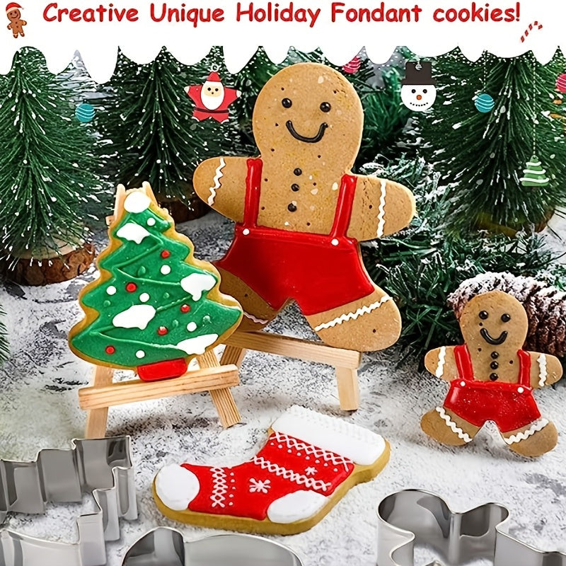 Set of 6 Christmas-themed stainless steel cookie cutters, ideal for making pastries and biscuits. Includes a variety of shapes for holiday baking. Perfect addition to any kitchen tool collection.