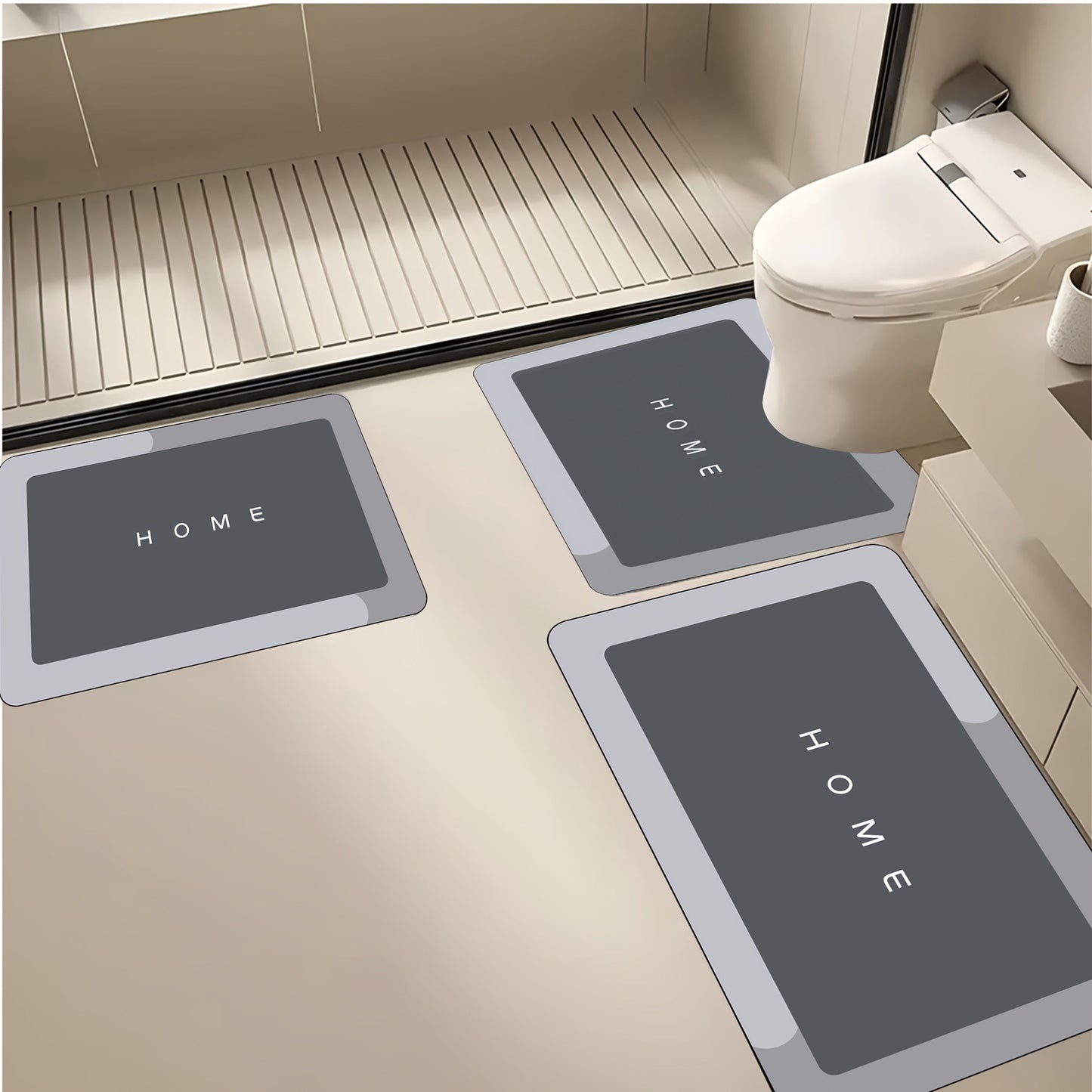 Bathroom Anti-slip Mat Set includes 3 pieces of mats made from Diatom Mud for toilet, washbasin, and entrances. These absorbent, washable, and cuttable mats are also suitable for bathtubs. They are wear-resistant and come in square and oval shapes