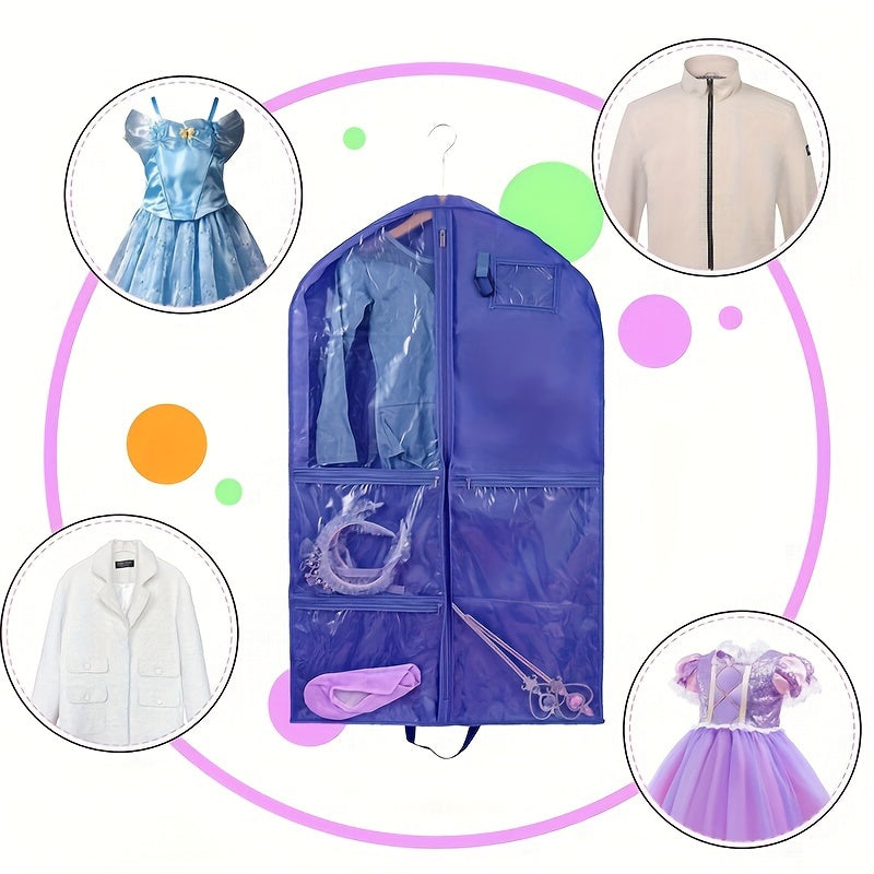 Durable costume dust cover bag with storage pouches, featuring a hanging design for suits and coats. Designed with a window and zipper for easy access, this household organization tool helps save space in the bedroom, bathroom, office, closet, wardrobe