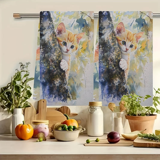 Set of Two Ultra Soft Kitchen Towels featuring an Adorable Kitten Climbing Tree Design, with High Absorbency and Machine Washable properties. Styled in Contemporary Watercolor, measuring 40.64x60.96 cm - Ideal for enhancing Home Decor