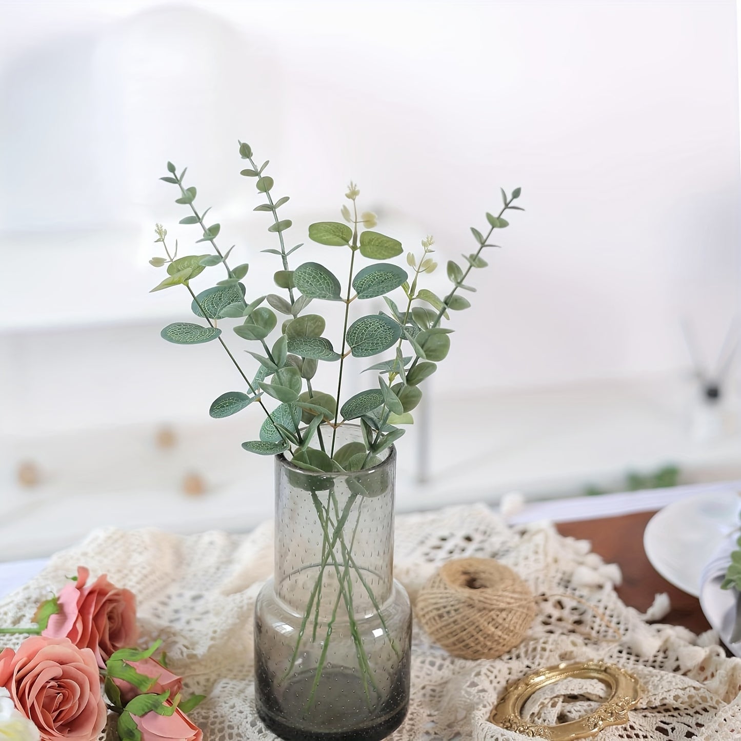 30/60 artificial 'S Breath flowers, faux eucalyptus stems and leaves, imitation 'S Breath flowers, fake silver dollar eucalyptus plant stems for weddings, vases, bouquets, floral and home decor.