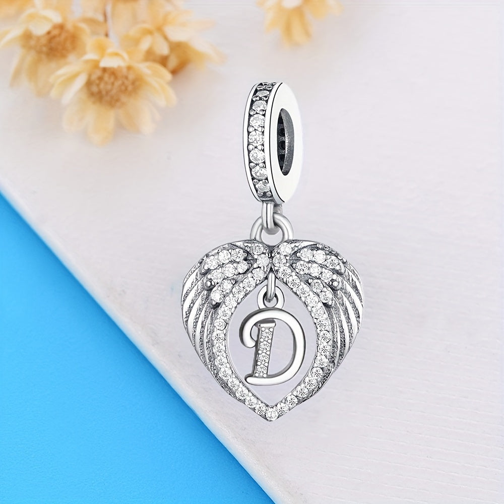 925 Sterling Silver Heart-shaped Wing Pendant with Synthetic Zircon Letter Pattern for DIY Jewelry Making, Perfect Gift Idea