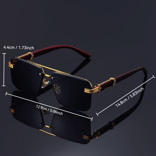 Frameless luxury glasses with anti-glare, wooden patterned temples, ideal for both men and women while driving.