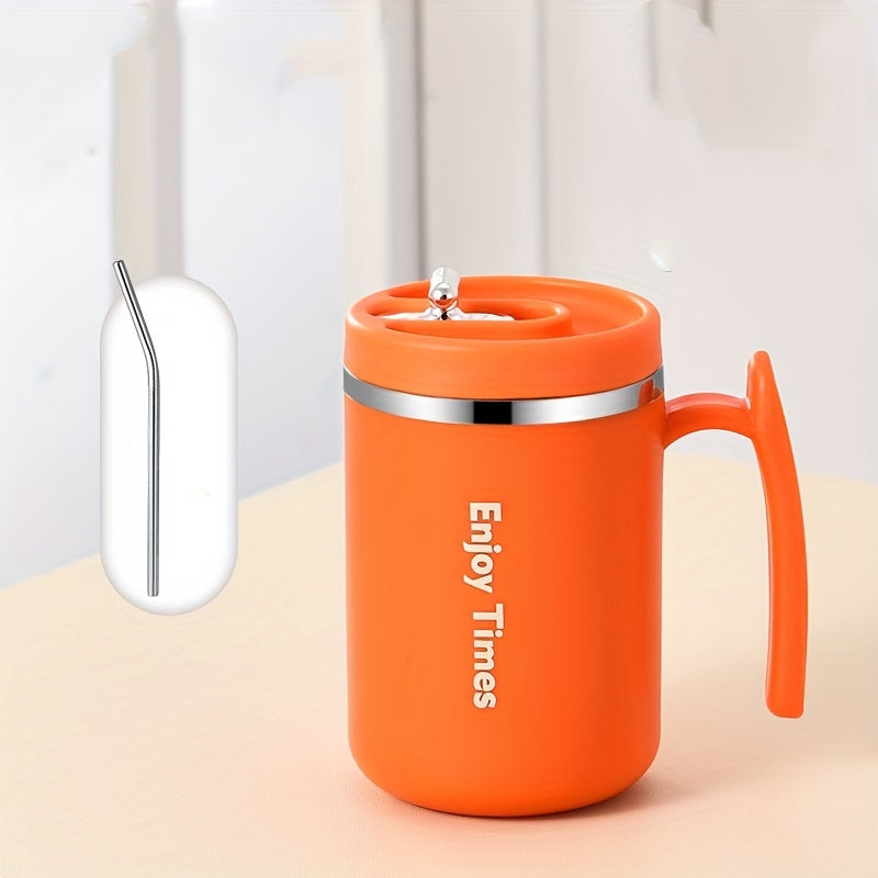 Stylish stainless steel coffee mug with straw, handle, perfect for office, reading, camping. Available in orange, light blue, cream, ideal for drinking coffee or tea.