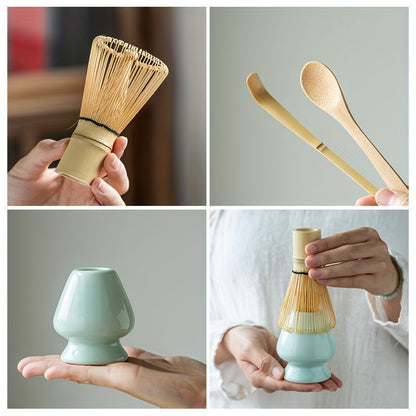 Complete Set of Traditional Japanese Matcha Tools - Includes Bamboo Whisk, Ceramic Spout, and Scoop - Ideal for Holiday Season