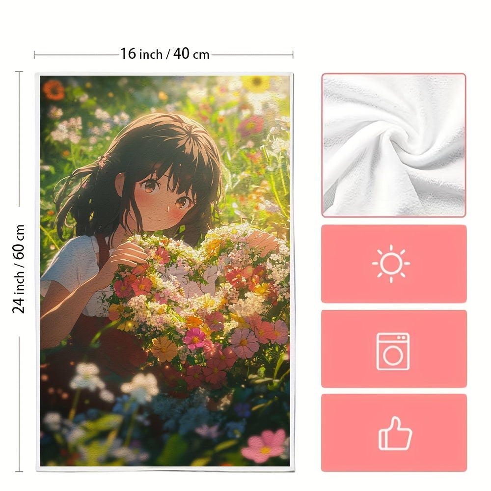 Set of 2 Ultra Soft Kitchen Towels featuring an Anime Girl creating a heart-shaped wreath with freshly picked flowers in a sunlit meadow. These dish hand towels are highly absorbent and perfect for holiday decor. Machine washable and measuring 16x24