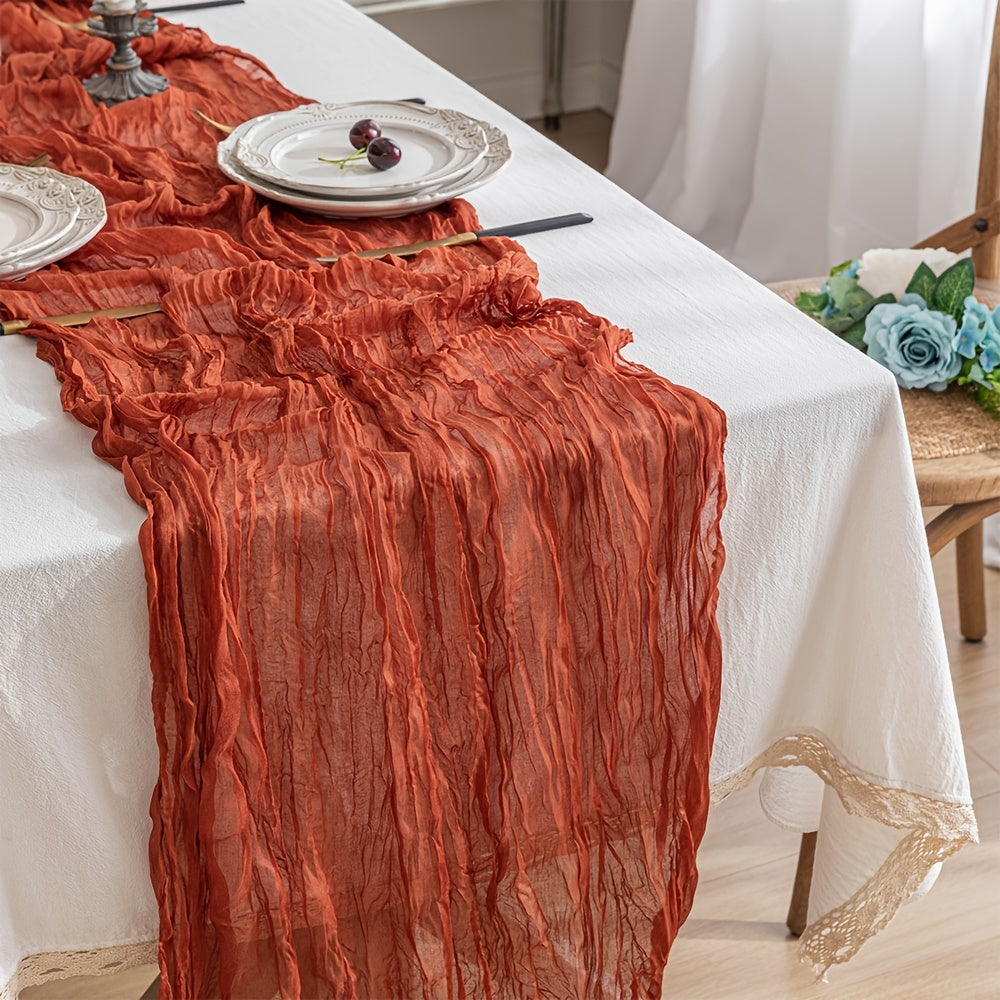 Boho cheesecloth table runner for various occasions and home decor.