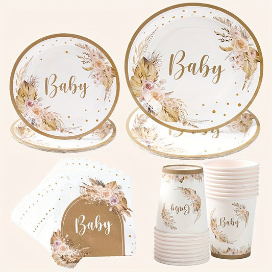 Adorable Boho Baby Shower Tableware Kit for 8 Guests - Featuring Beautiful Floral Print Paper Plates, Napkins, And Cups - Ideal for a Joyful Party