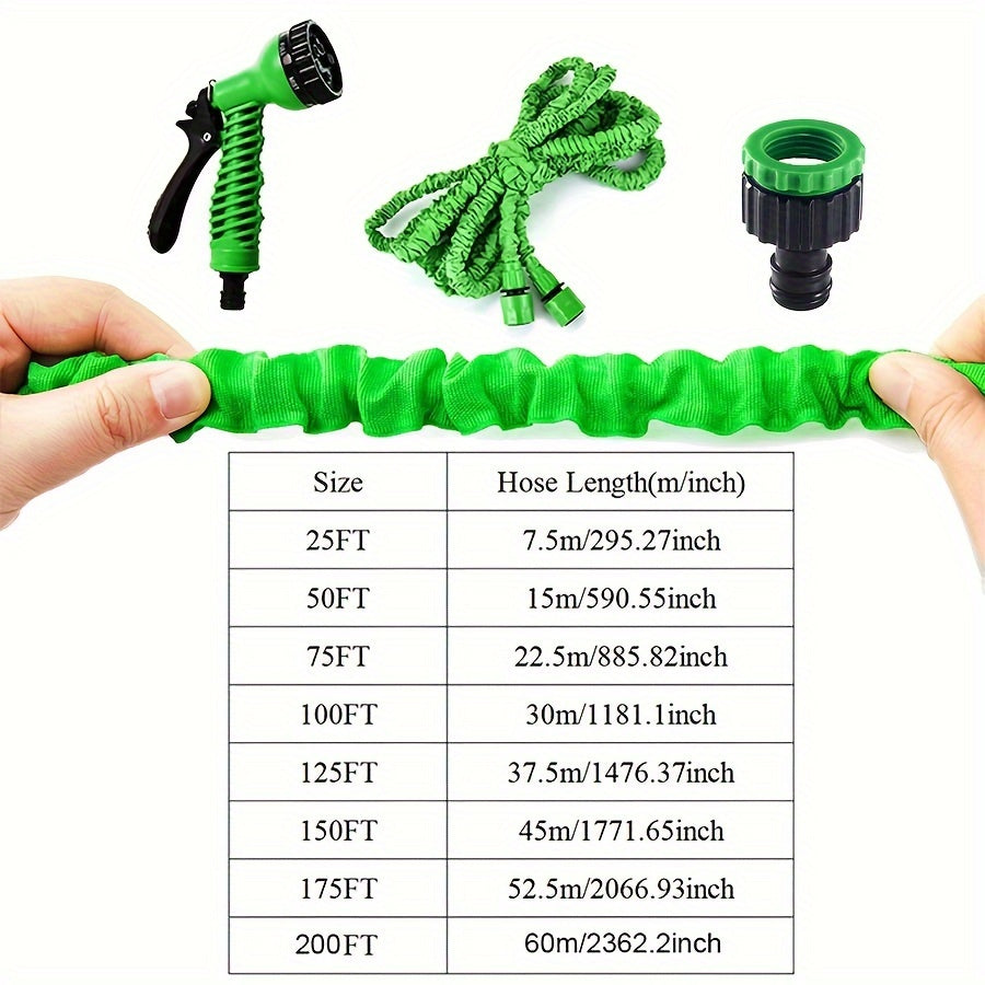 Expandable garden hose set with 7 spray modes and durable materials, suitable for all seasons, includes water gun, pipe, and connectors for outdoor lawn care.