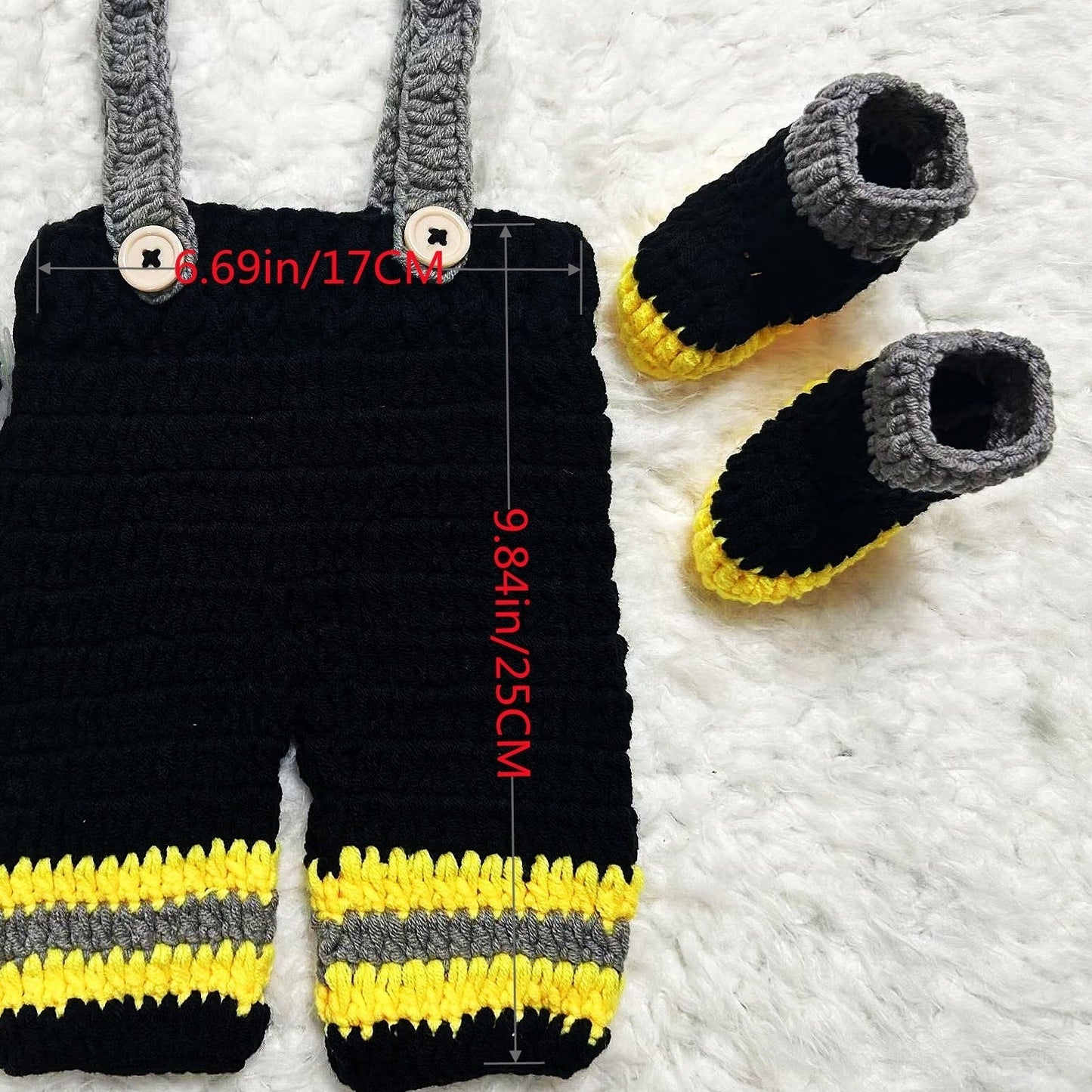 Set of 3 FD Firefighter Newborn Baby Photography Props, including crochet yarn hat, overalls, and boots.