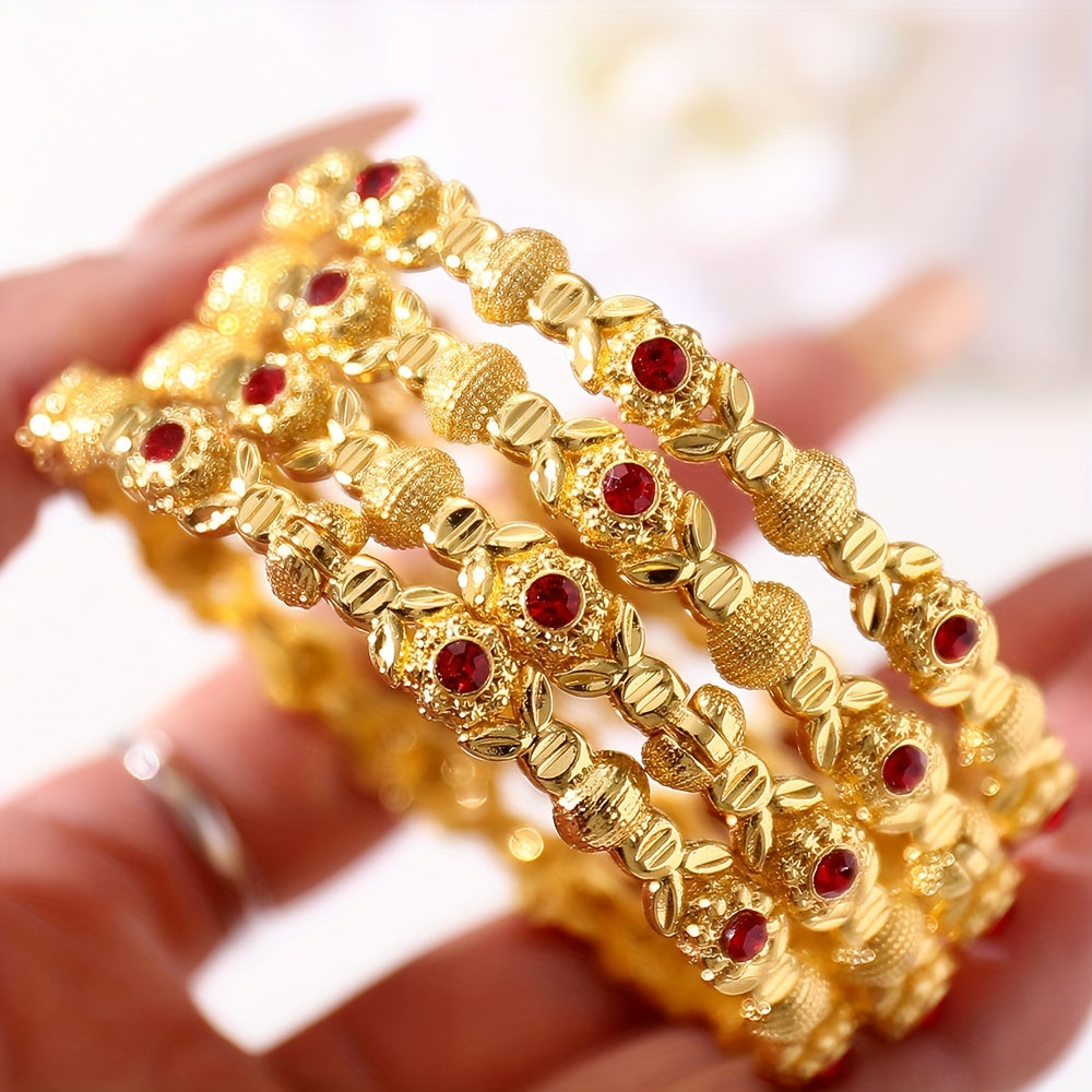 Luxurious 4-Piece Gold-Tone Cuff Set adorned with Red Artificial Crystals for Women - Made of Copper, Unplated, Perfect for Mardi Gras Day, Elegant and Sophisticated, Suitable for All Seasons, Features an Open Cuff Design ideal for Daily and Vacation