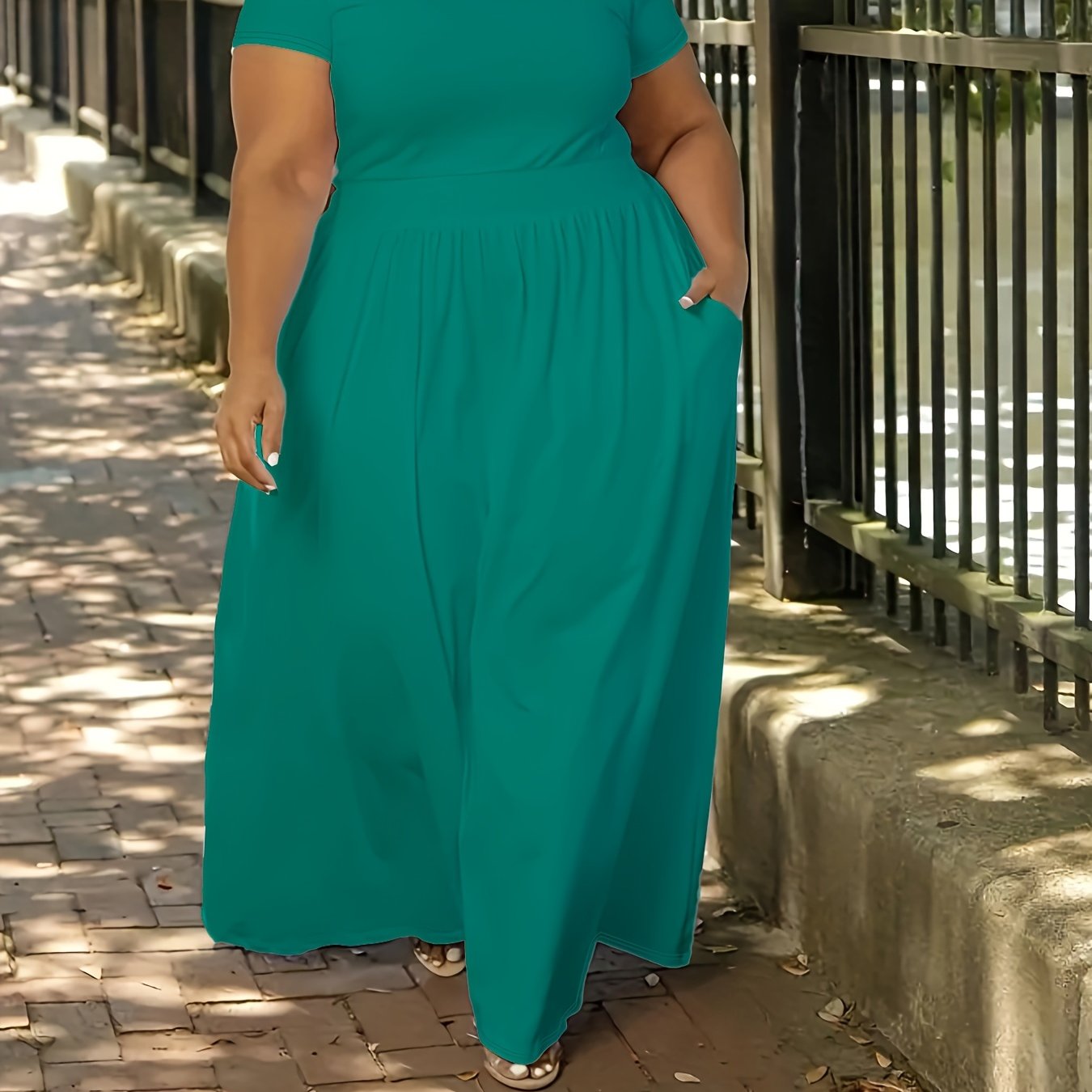 Stretchy solid maxi dress for plus size women with short sleeves