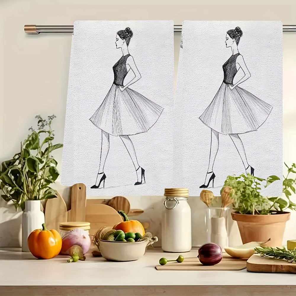 Two pieces of ultra soft kitchen towels featuring an elegant woman line art design. These highly absorbent and quick-dry dish hand towels are machine washable and have a contemporary style. With dimensions of 40.64x60.96 cm, they are perfect for holiday