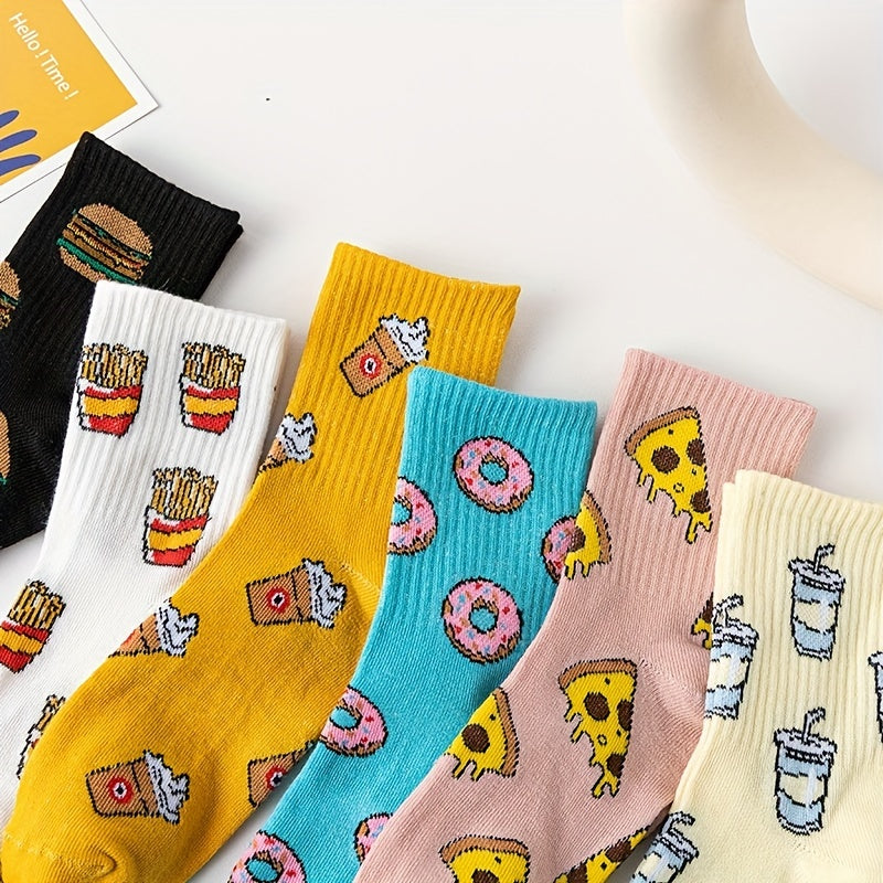 Cute and funny cartoon food print socks for women, 6 pairs in mid-tube style.