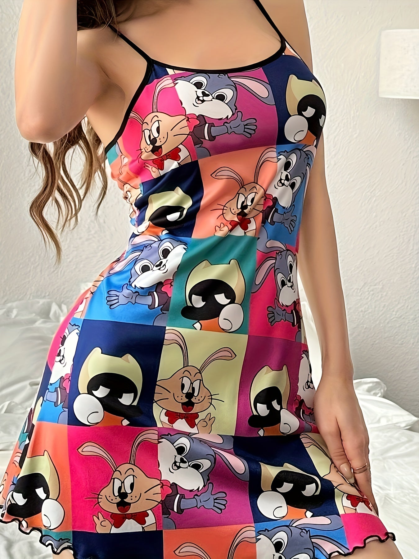 Cartoon print backless nightgown for women's sleepwear.