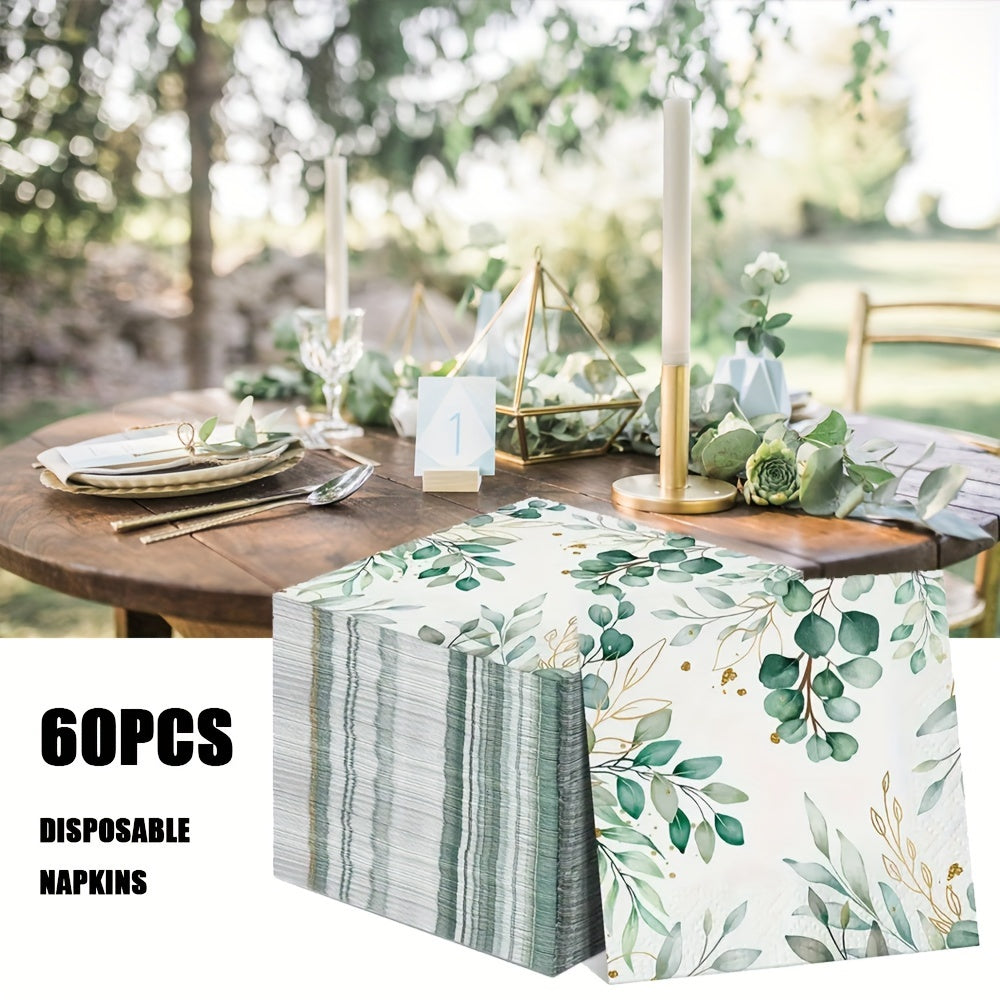 60 Elegant Eucalyptus & Golden Leaf Disposable Napkins - Soft and Absorbent 2-Ply Paper Guest Towels for Parties, Weddings, Birthdays, Baby Showers - Stylish Green & Gold Design, Durable and Tear-Resistant, 33.02x33.02 cm