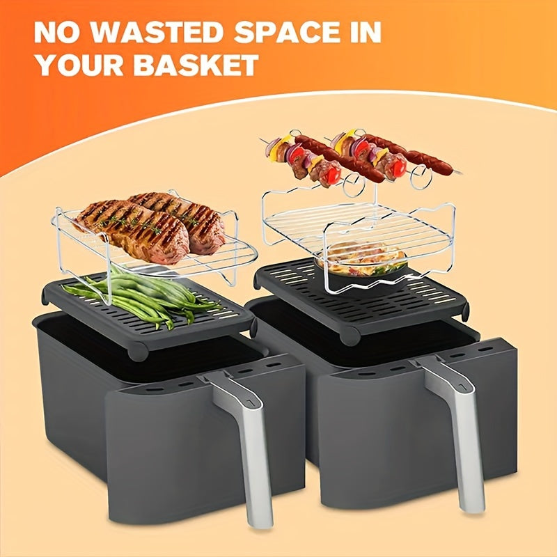 Durable Stainless Steel Air Fryer Rack with Four Skewers - Multi-purpose BBQ Grill Accessory for Indoor and Outdoor Use, Ideal for Cooking in the Kitchen or Dining Area, Essential Barbecue Tools and Accessories