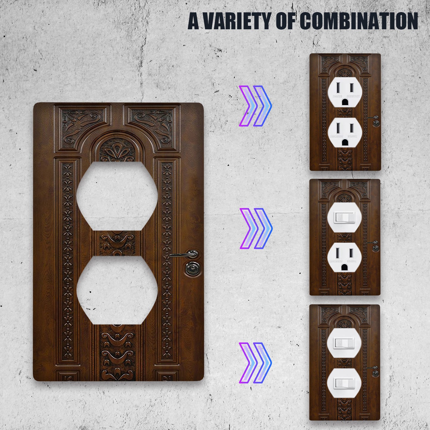 Polycarbonate light switch cover with wood grain effect, screw-in, no electricity needed. Versatile lamp switch plate for 1 or 2 way, easy installation for home décor.