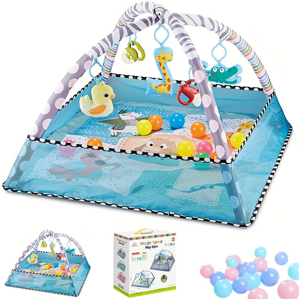 Large Activity Center with 5 interactive sensory dolls, 20 ocean balls, and a durable washable play mat for tummy time activities.