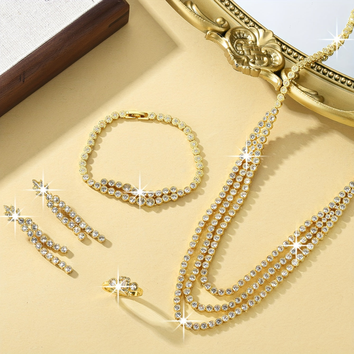 5-piece Luxury Celestial Jewelry Set - Featuring 18K Gold-Plated Copper with Synthetic Zirconia Stones, this elegant set includes a Necklace, Bracelet, Earrings, and Ring, perfect for weddings and gifting year-round.