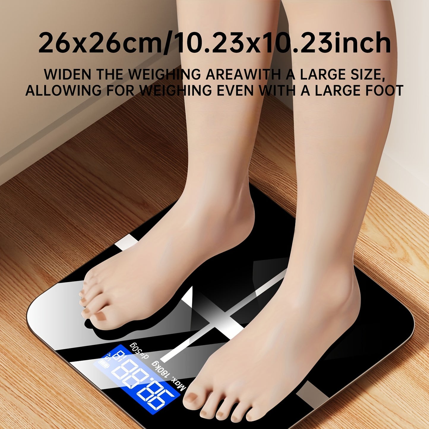 HD Digital Weight Scale with 179.62KG capacity and LED display. Includes non-rechargeable AAA battery and switchable KG/Pound feature. Plastic construction with ultra-wide platform. Battery