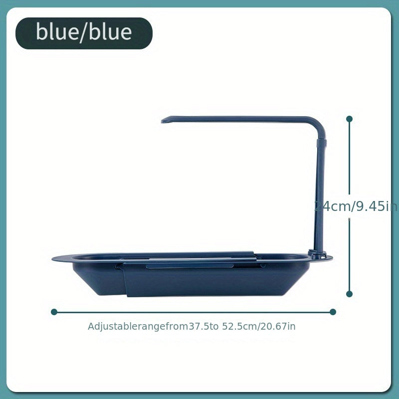 Durable plastic kitchen sink organizer with adjustable over sink dish drying rack and drainage basket. No assembly required for convenient storage of sponge, soap, and cloths. Multi-functional design.