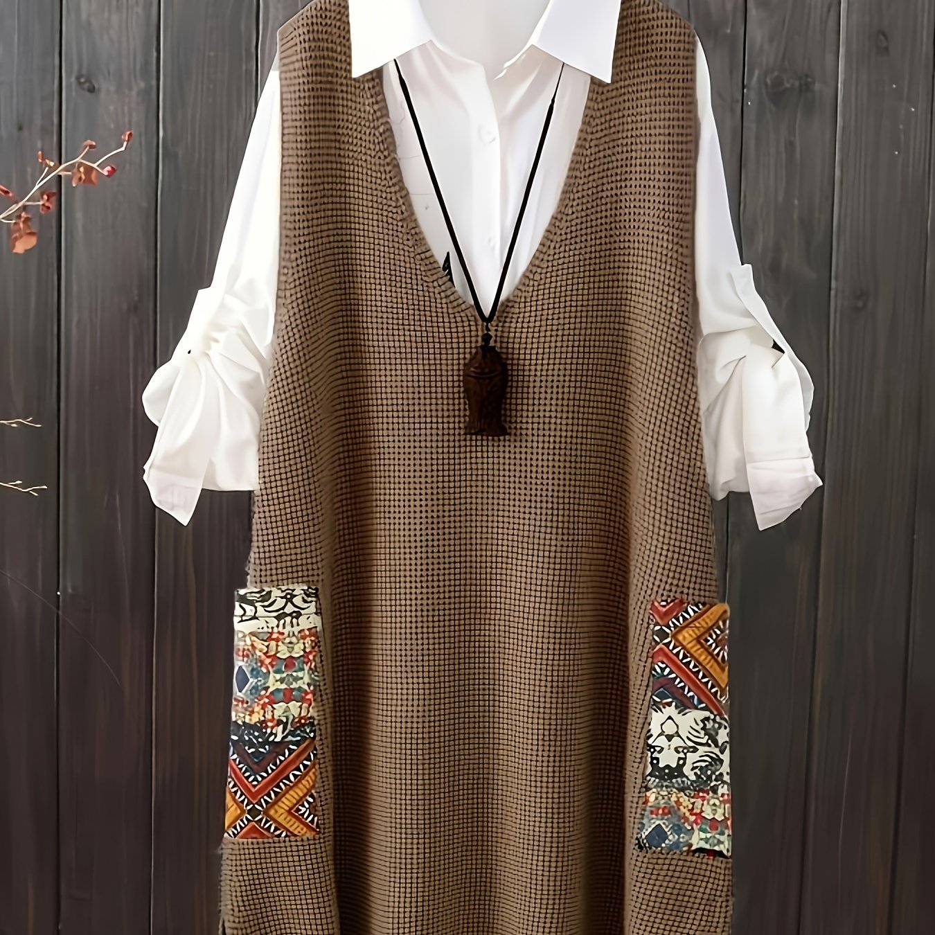 Plus size casual V-neck printed sweater vest dress with pockets.