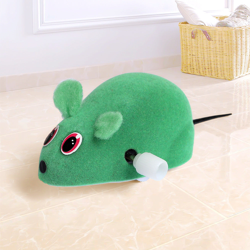 Battery-free plush mouse cat toy with wind-up mechanism, featuring animal print design for interactive fun.