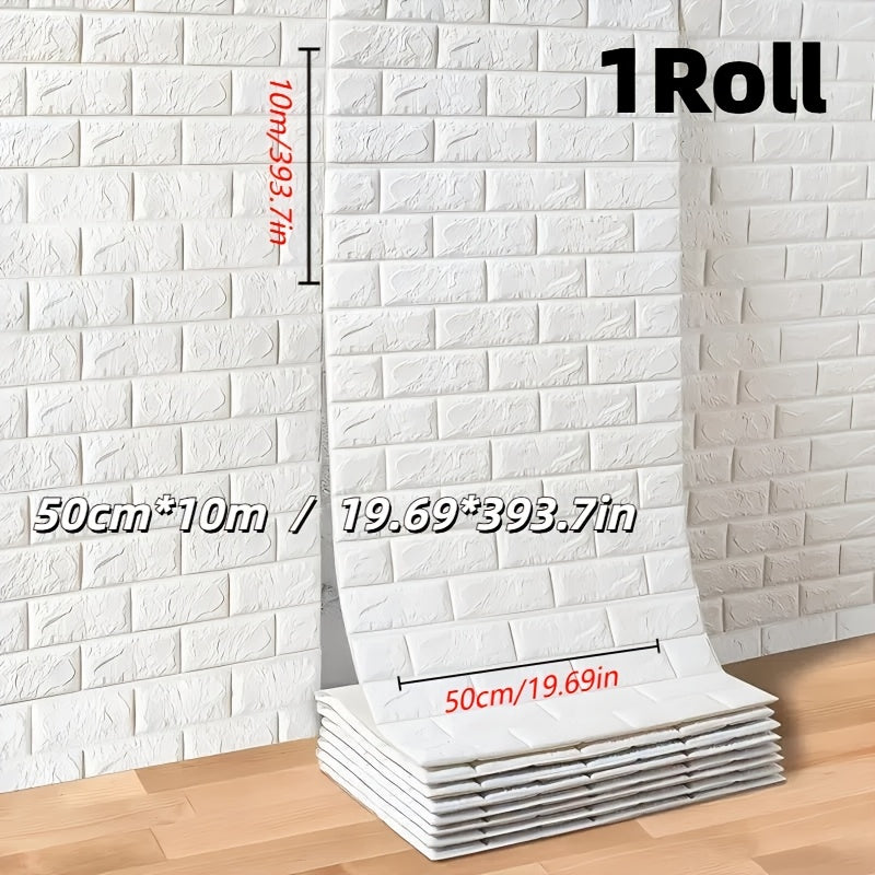 1 Roll of 3D Brick Pattern Self-Adhesive Vinyl Wallpaper, 50cm x 10/20m, Easy to Peel & Stick, Washable, Ideal for Kitchen, Living Room, Bathroom and Hallway. Durable European Home Decor