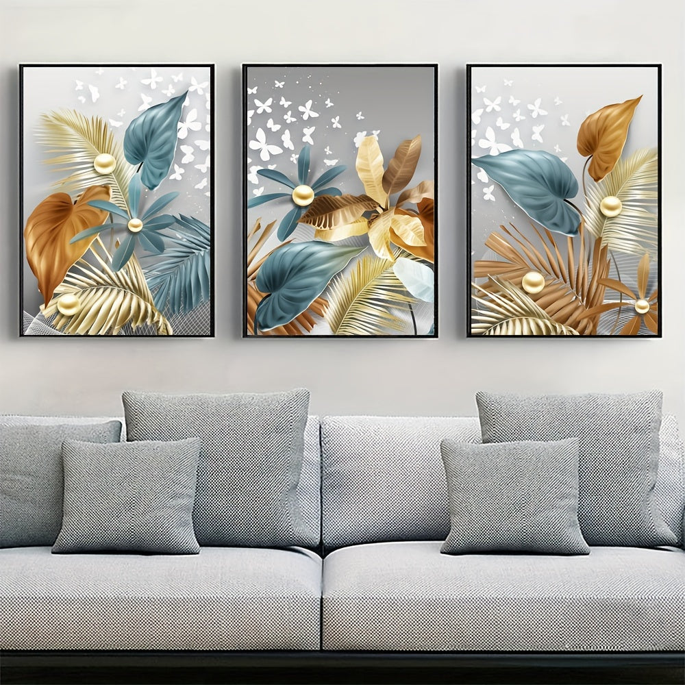 Luxury canvas print posters set of 3 featuring flower and leaf artwork for various rooms, no frames included.