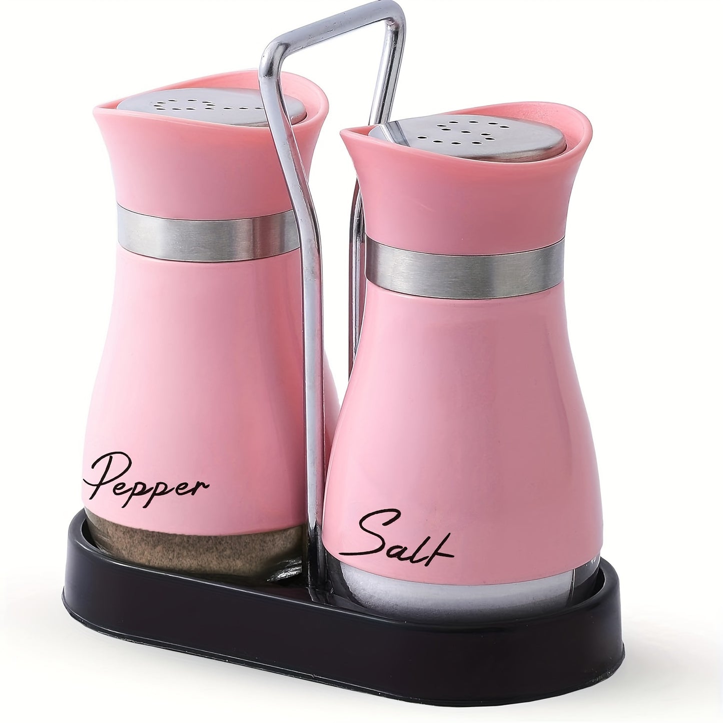 Salt and pepper shakers set with stainless steel bracket and electroplated handle, perfect for table, RV, camp, or BBQ.