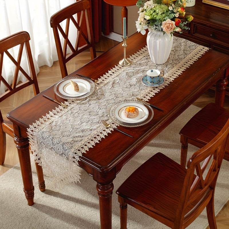 Polyester table runner with white embroidery flowers and lace edge, perfect for room or dining table decor.