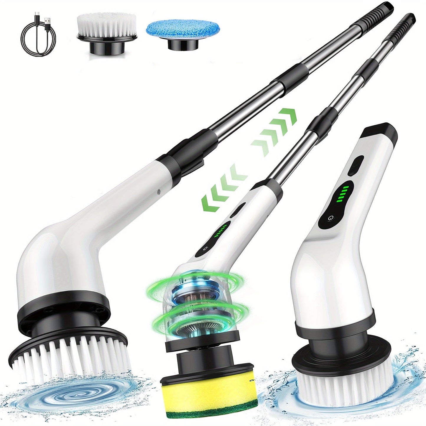 Introducing the compact and powerful Electric Cleaning Brush with Rotating Floor Washing capabilities. This wireless device comes with 7 interchangeable brush heads and an adjustable extended handle for versatile cleaning. Perfect for bathrooms