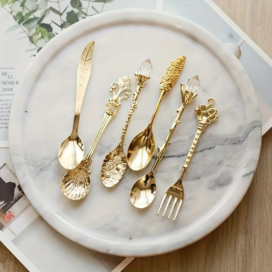 1 set of 6 mini vintage metal spoons and forks in royal golden design for coffee, snacks, fruit, dessert, or tea.