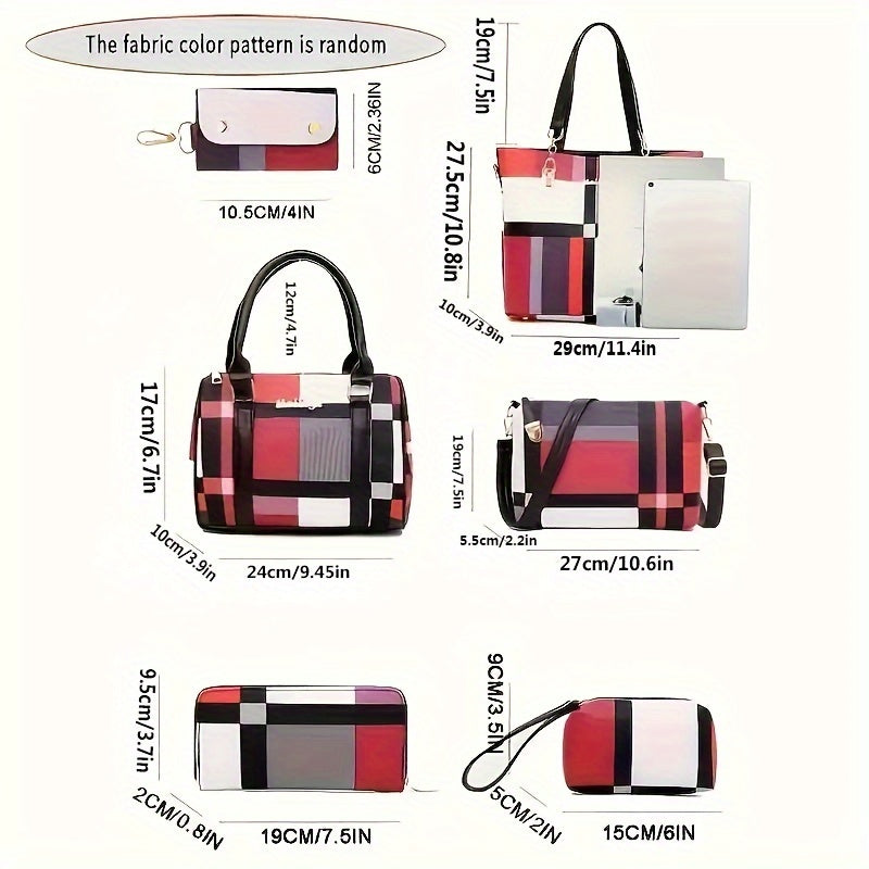 6-piece set of checkered pattern shoulder bags including a handbag, crossbody bag, clutch bag, long wallet, and short wallet.