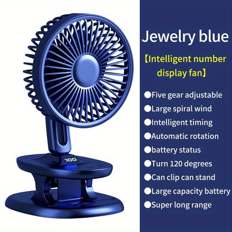 A versatile USB fan perfect for camping and outdoor activities, this desktop fan can be clamped or stood on a surface. With a shaking head function and built-in large capacity battery, it provides convenient cooling wherever you go.