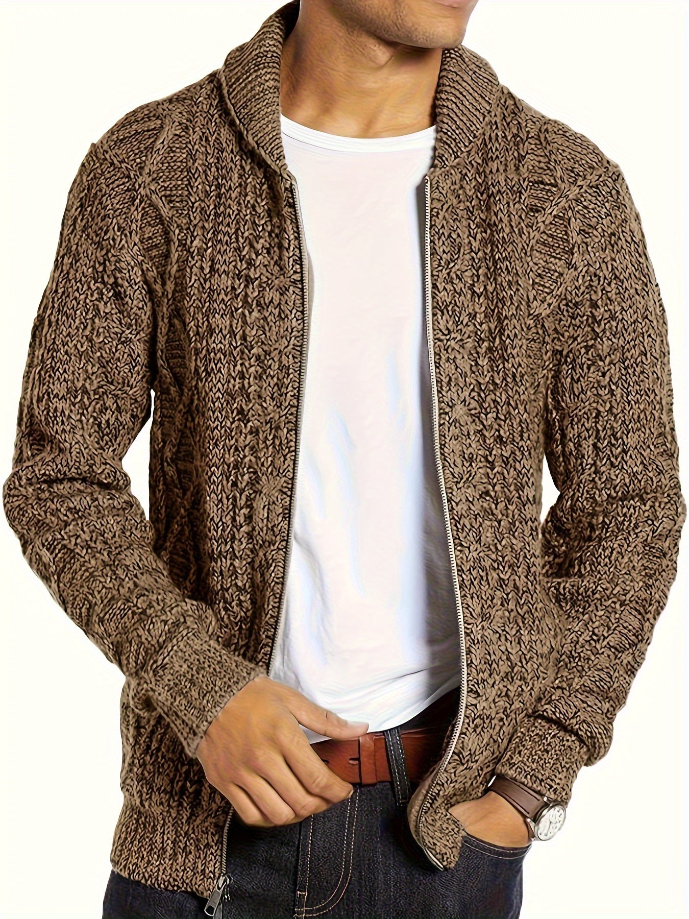 Men's plus size zip-up cardigan with thick knit, stand collar, and cozy acrylic blend for fall/winter