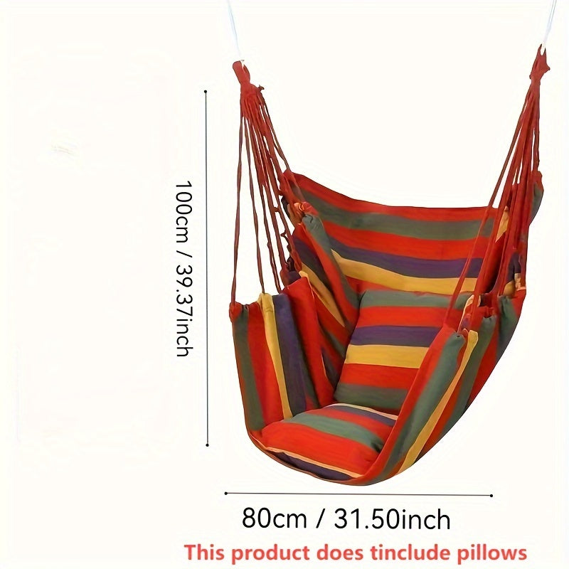 Durable, portable hammock chair with striped fabric ideal for outdoor camping and travel. Suitable for yard, balcony, and bedroom.